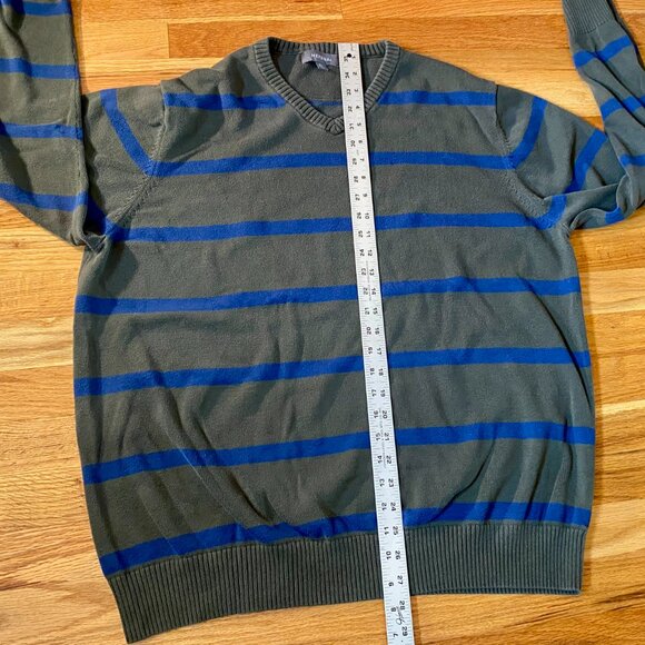 Merona Men's XL 100% Cotton Sweater, V-Neck, Dark Green with Blue Stripes Cozy - Picture 1 of 7